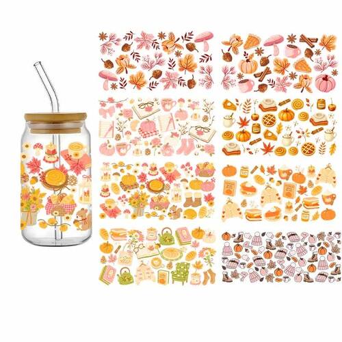 16OZ UV DTF Fall Design Cup Wrap Transfers Stickers Food Pum
