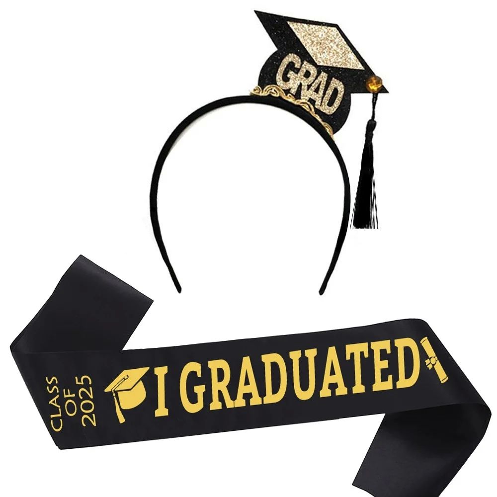 1Set Grad Cap Headband Graduated Satin Sash Graduation Party