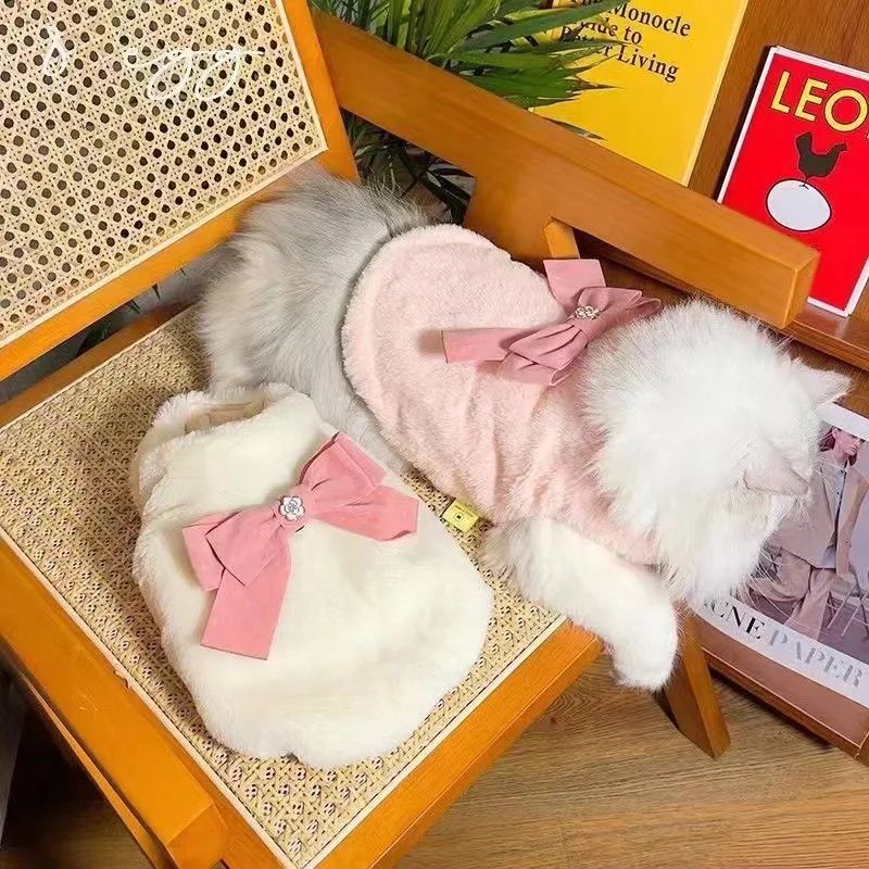 Pet Plush Big Bow Pet Dog Autumn/Winter Warm Cotton Vest Ted