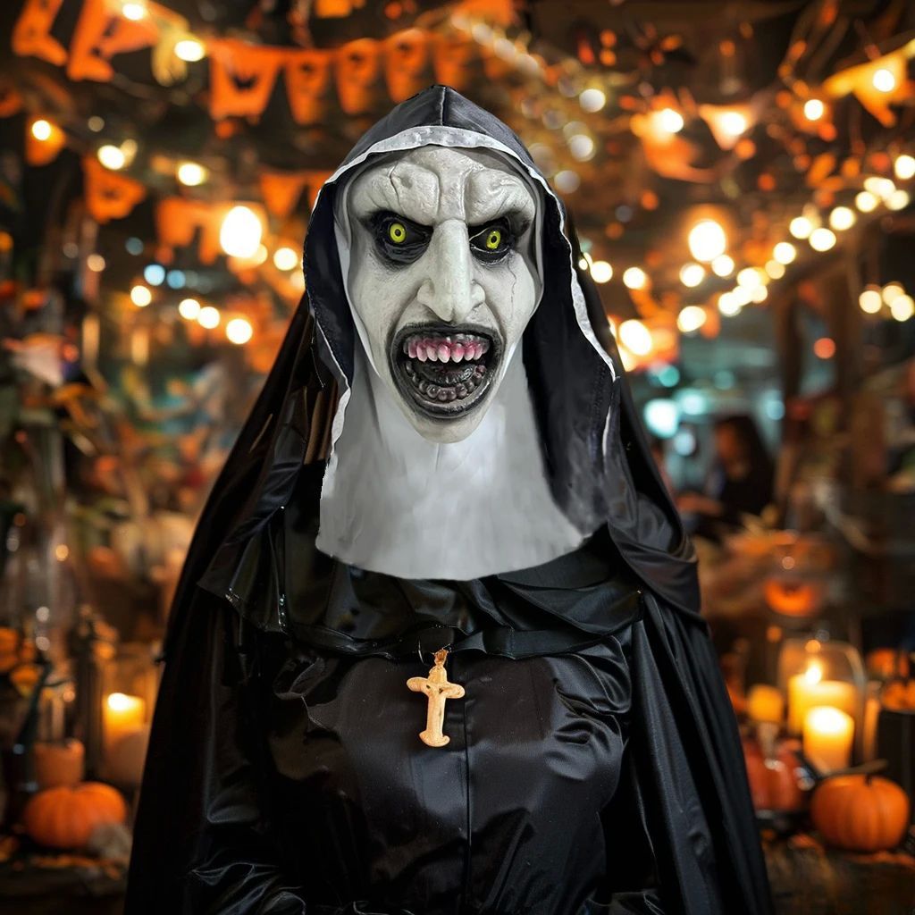 Nun Latex Masks with Turban Valak for Women Halloween Evil D