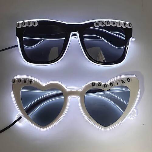 White Just Married LED Luminous Glasses Heart Shaped EL Neon