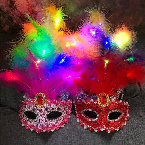 Women LED Party Mask Masquerade Luxury Peacock Feathers Half