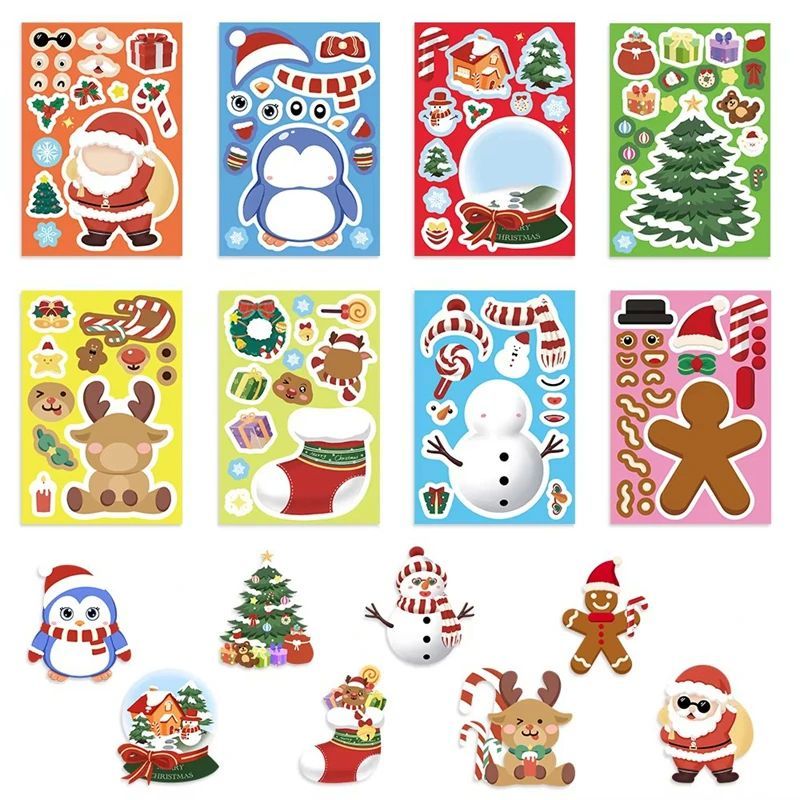 8/16/24pcs Christmas Puzzle Stickers Make A Face Santa Claus