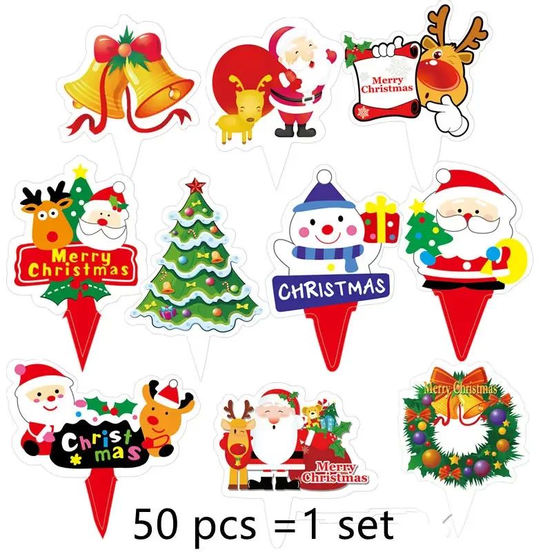 50Pc Merry Christmas Cake Topper Santa Claus Elk DIY Kids Ch