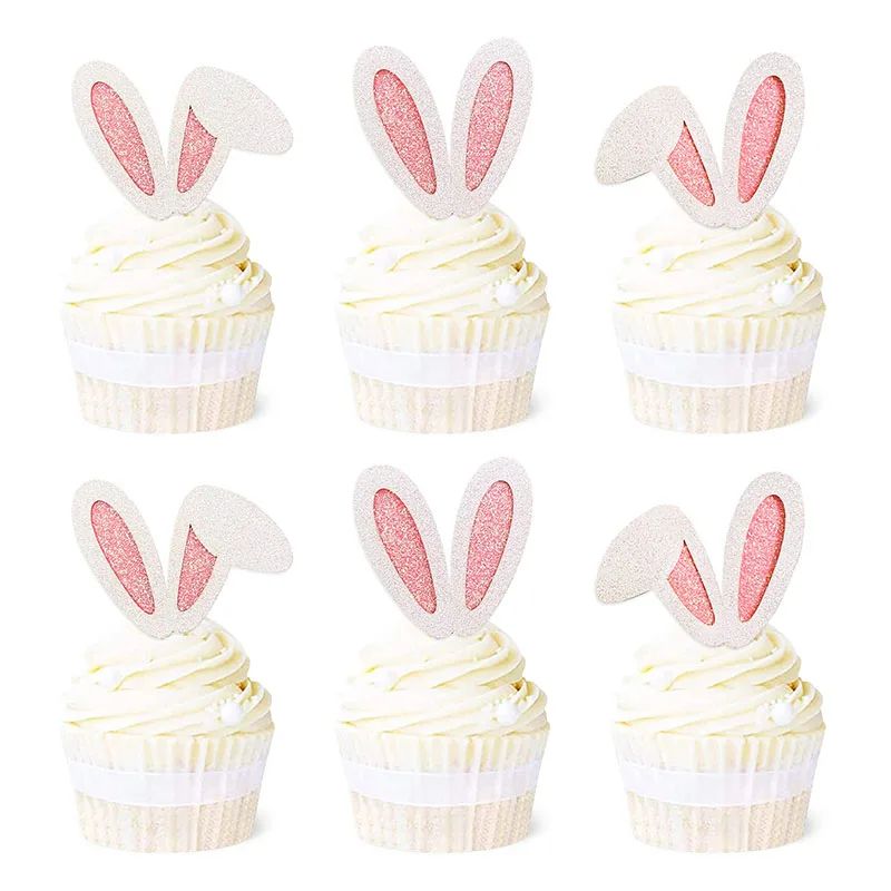 12/24pcs Glitter Bunny Ears Cupcake Toppers Easter Rabbit Th