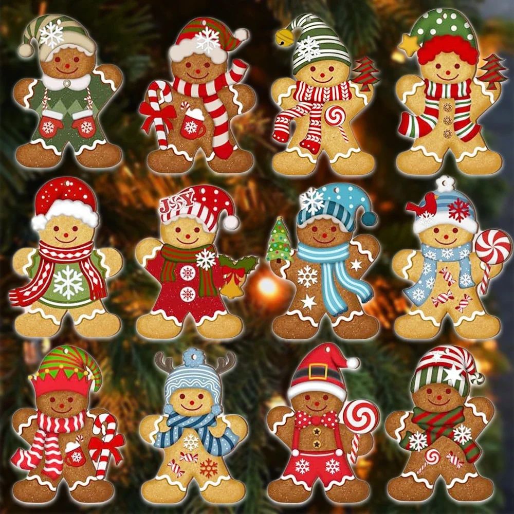 12pcs/set Gingerbread Man Ornaments Christmas Tree Wooden Ha
