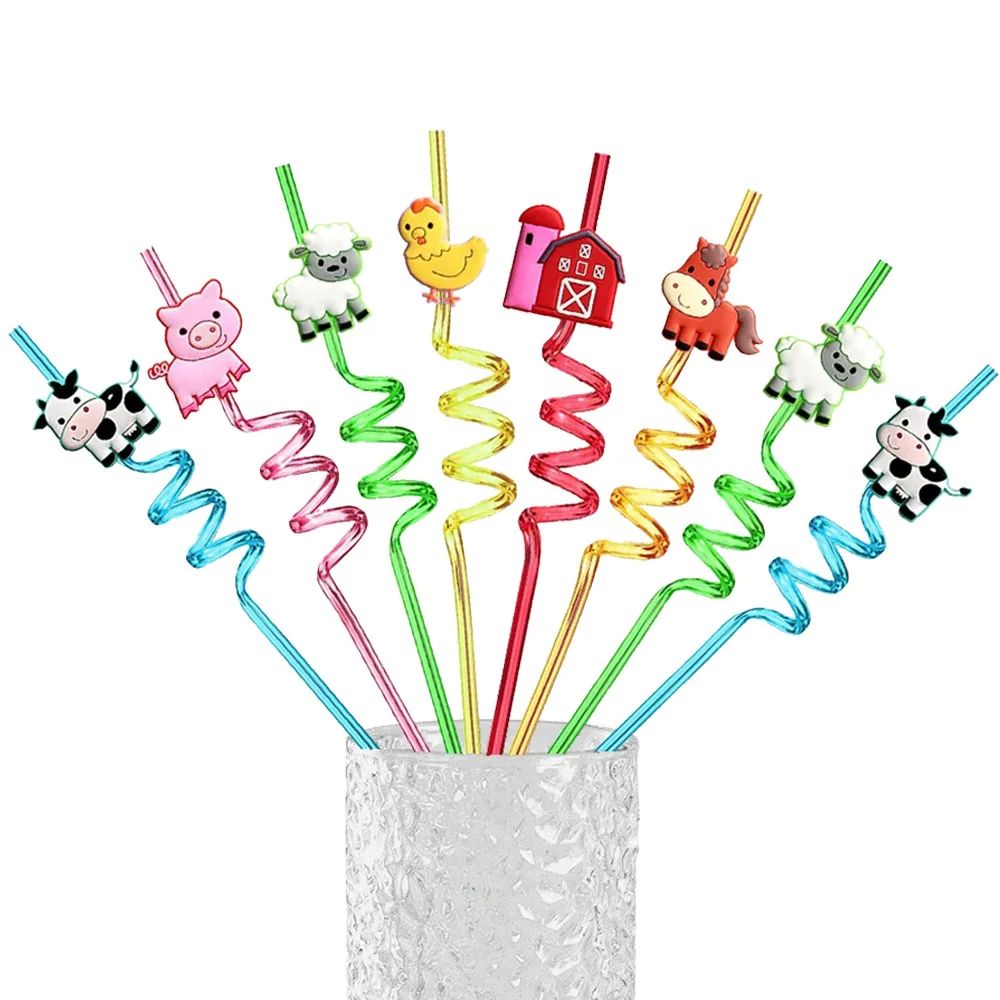 6/12pcs Reusable Farm Animal Drinking Straws Chicken Sheep H