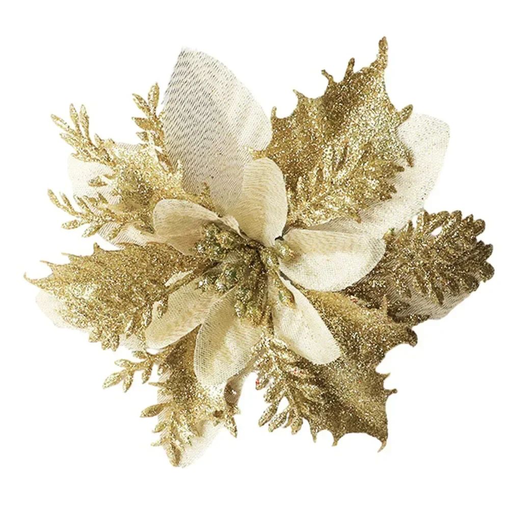 5pcs 15cm Glitter Poinsettia Christmas Artificial Flowers Wi