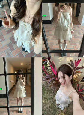 露思同款米杏色花边拼接吊带褶皱收腰设计感度假风叠穿连衣裙女