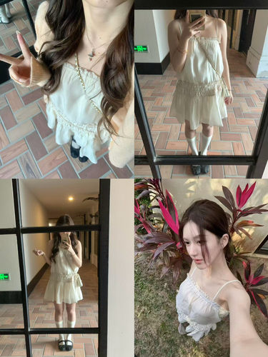 露思同款米杏色花边拼接吊带褶皱收腰设计感度假风叠穿连衣裙女