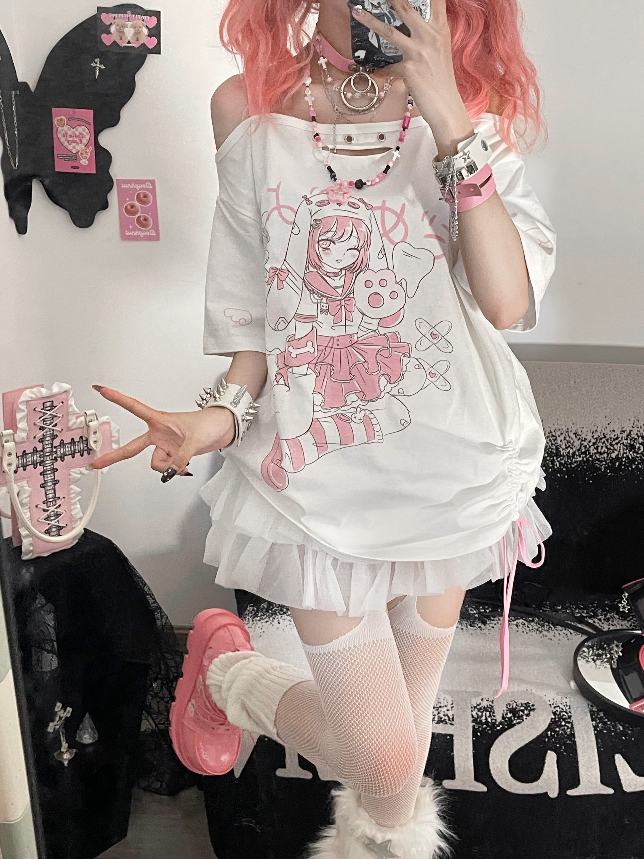 Rabbit killer小兔刺客原创新款萌牙兔亚文化露肩二次元短袖t恤