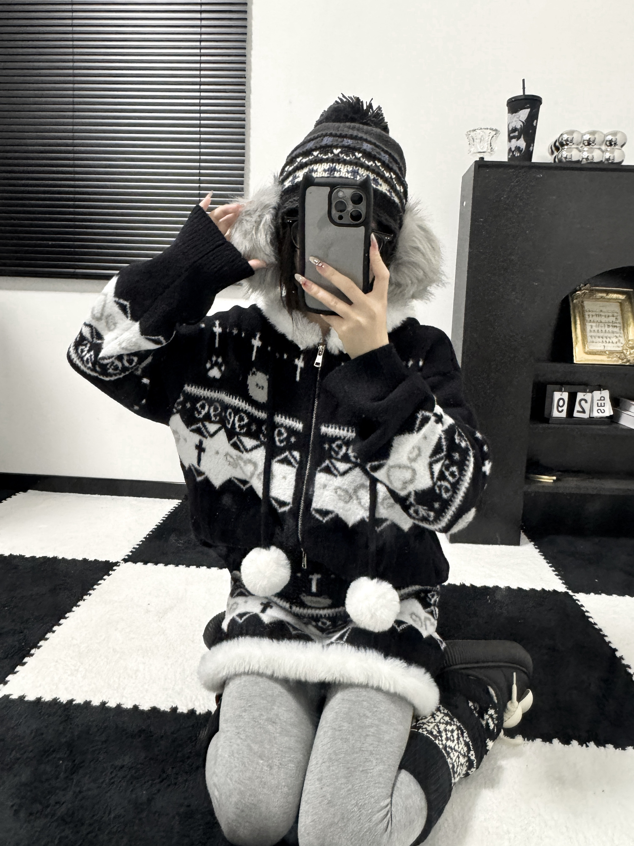 小兔刺客原创新款猫の祈愿萌亚感费尔岛连帽提花毛衣套装