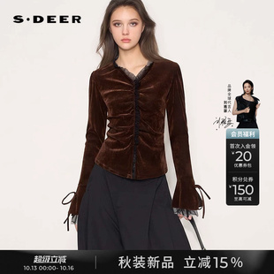 sdeer圣迪奥2026秋装新款木耳边V领抽褶网纱拼接长袖T恤S263Z0220