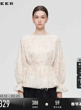 sdeer圣迪奥女装春秋装圆领绣花网纱收腰灯笼袖衬衫S253Z0576