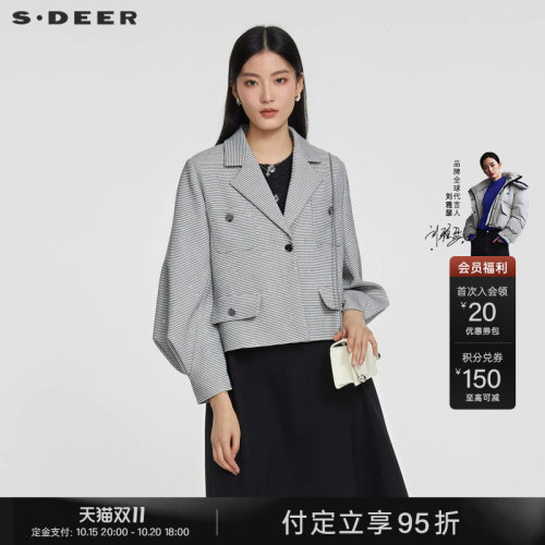 s.deerOL风西装领千鸟格短款外套