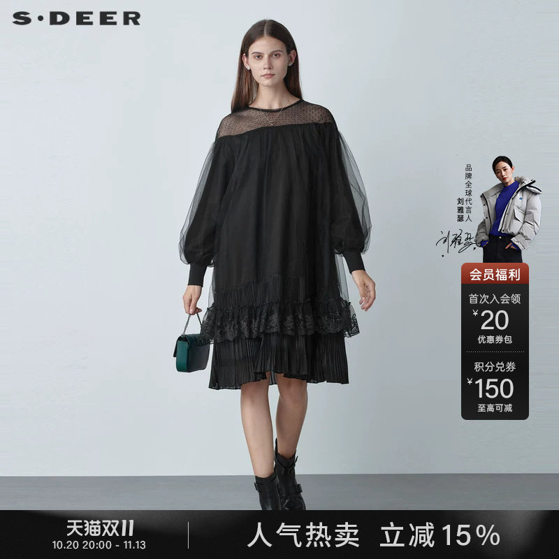 sdeer圣迪奥春秋装优雅圆领网纱蕾丝灯笼袖黑色连衣裙女S221Z1281