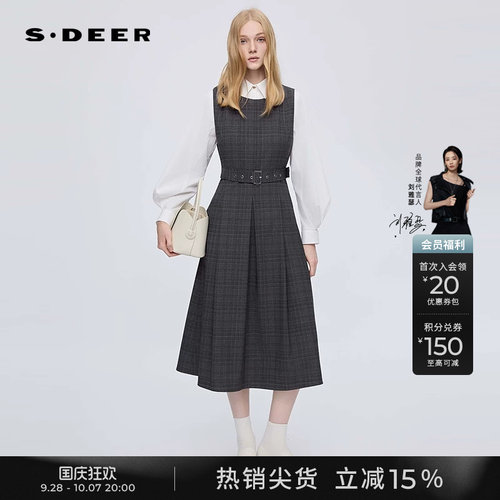 sdeer翻领格纹收腰衬衫连衣裙