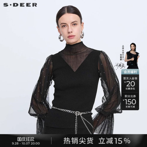 s.deer镂空波点网纱泡泡袖针织衫