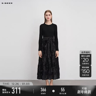 sdeer圣迪奥秋装 圆领收腰立体肌理针织连衣裙S233Z12BA 女装