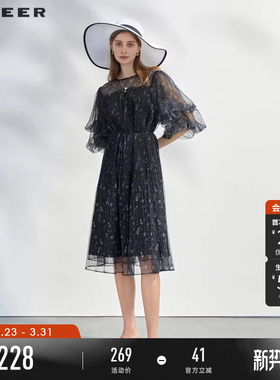 sdeer圣迪奥夏季女装圆领收腰印花网纱泡泡袖连衣裙S232Z12F1