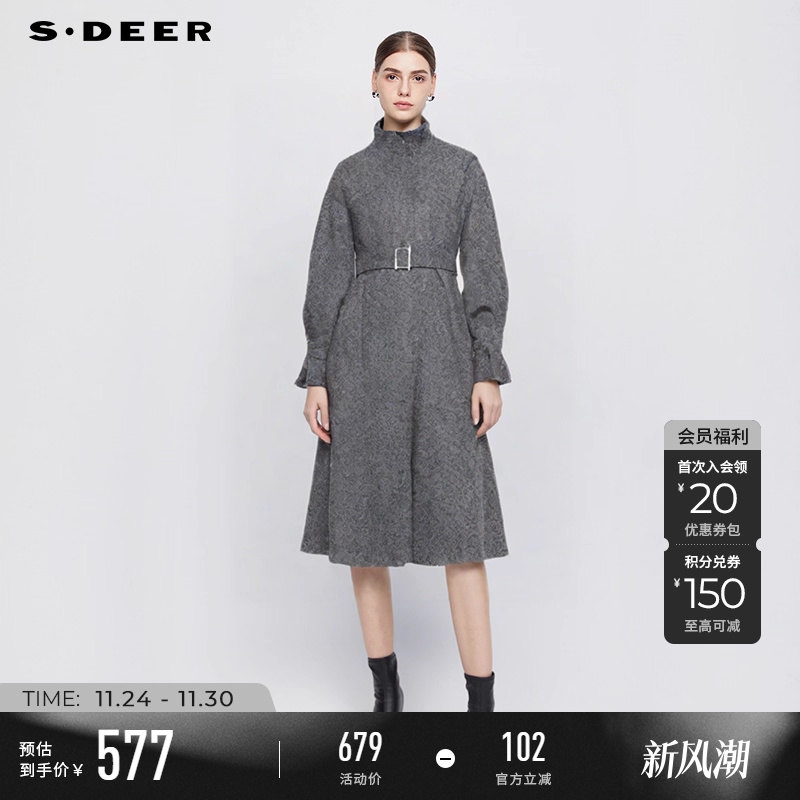 sdeer收腰暗条纹长款毛呢大衣