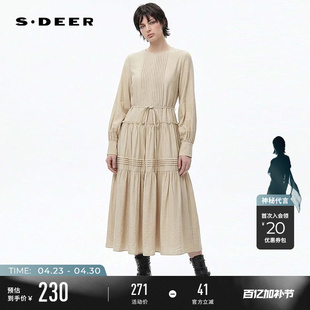 sdeer圣迪奥春秋装女装复古圆领风琴褶收腰长袖连衣裙S243Z1296