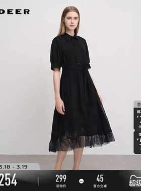 sdeer圣迪奥夏季女装翻领绣花网纱收腰衬衫连衣裙S242Z1206