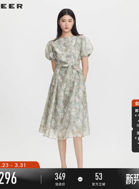 sdeer圣迪奥夏季女装圆领碎花收腰网纱泡泡袖连衣裙S232Z12A5