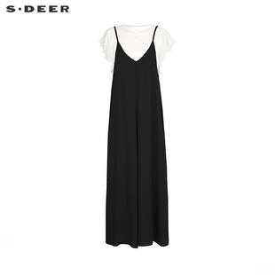 sdeer圣迪奥夏季女装圆领撞色垂坠针织衫背带裤套装S242Z1460