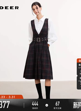 sdeer圣迪奥女装26年新品学院风V领撞色收腰背带连衣裙S261Z1201