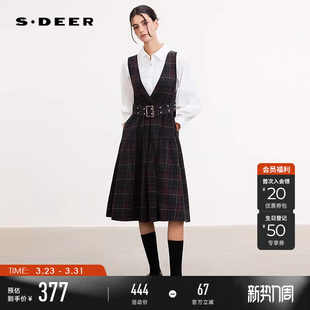 sdeer圣迪奥女装 学院风V领撞色收腰背带连衣裙S261Z1201 26年新品