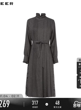 sdeer圣迪奥春装女装木耳边圆领收腰网纱提花连衣裙S241Z1236