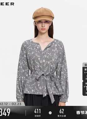 sdeer圣迪奥女装春秋装复古V领撞色印花收腰棉麻衬衫S253Z0533