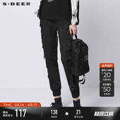 长裤 sdeer圣迪奥女装 腰带立体口袋黑色工装 时尚 S21380804 春秋装