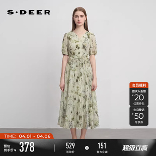 小清新V领印花收腰短袖 连衣裙S242Z12U2 女装 sdeer圣迪奥夏季