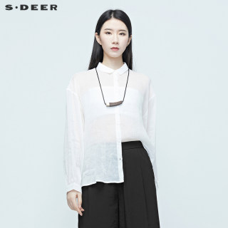 sdeer圣迪奥女装夏季网纱蕾丝拼接白色长袖衬衫S20280502