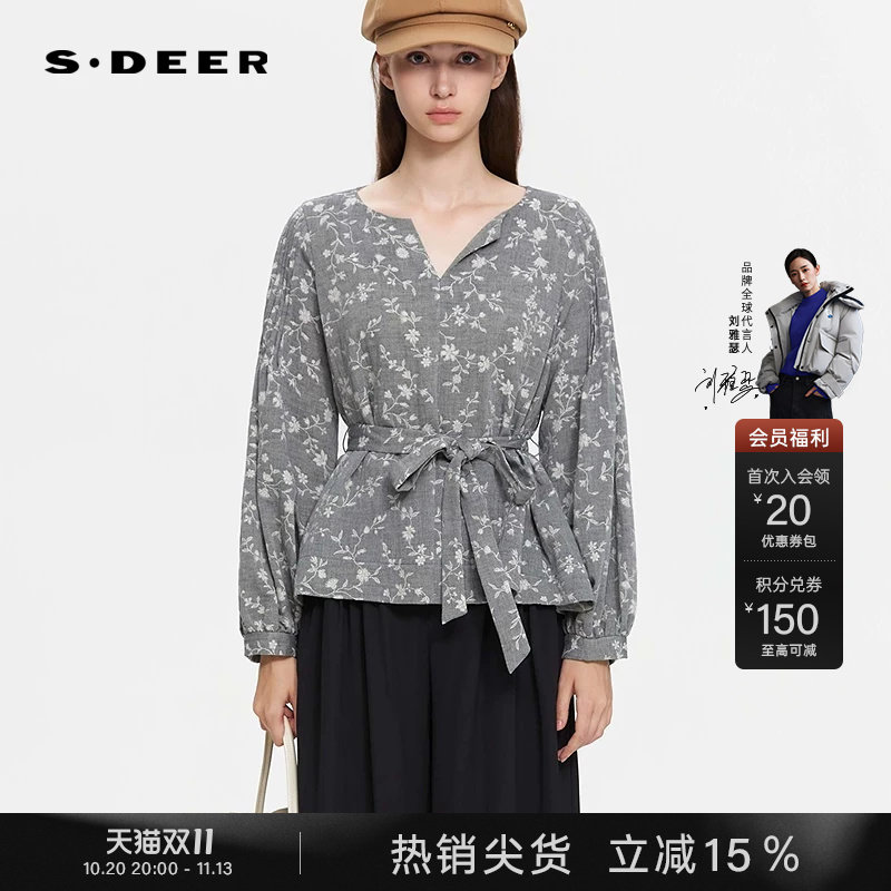 sdeer圣迪奥女装秋装复古V领撞色印花收腰棉麻衬衫S253Z0533