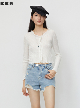 sdeer圣迪奥夏季女装木耳边V领基本款开衫针织衫S232Z3505