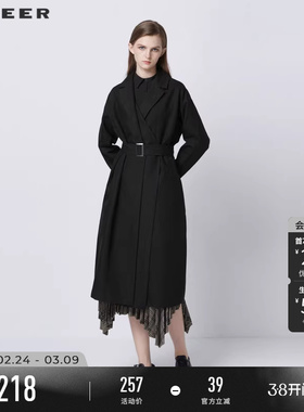 sdeer圣迪奥女装春秋装通勤西装领拼接收腰长款风衣女S21381811