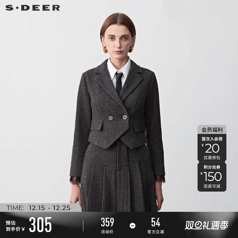 s.deer条纹蕾丝毛呢外套