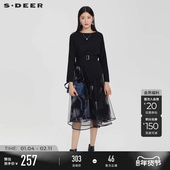 圆领收腰印花网纱长袖 sdeer圣迪奥春装 女装 连衣裙S231Z1263