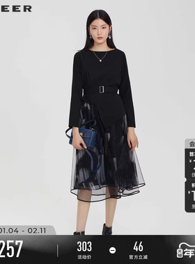 sdeer圣迪奥春装女装圆领收腰印花网纱长袖连衣裙S231Z1263