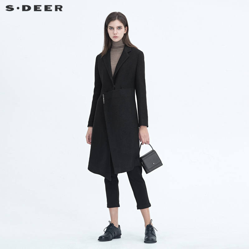 s.deer休闲平驳领长款毛呢大衣