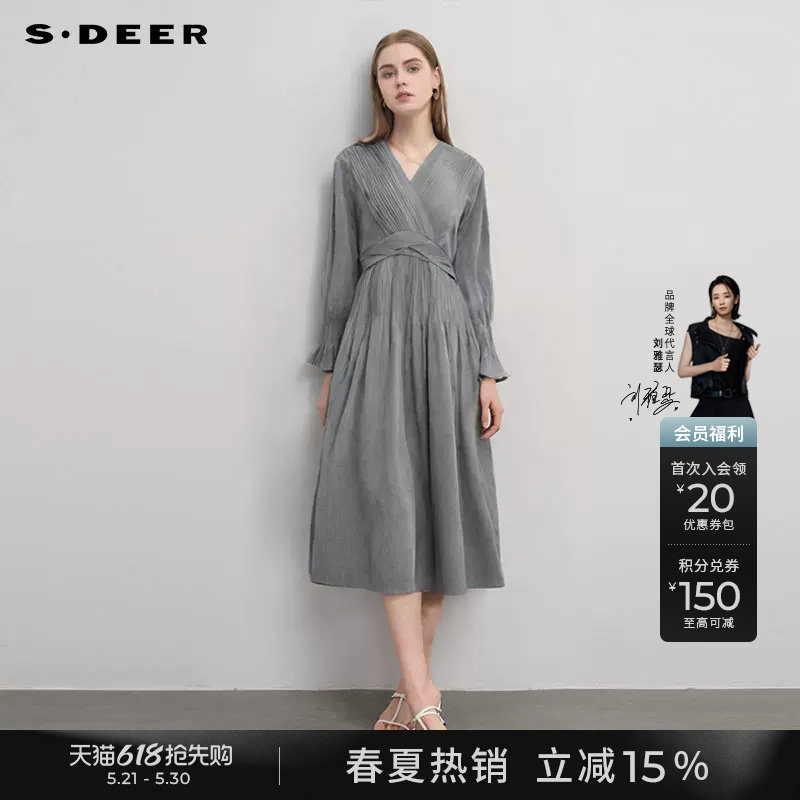 sdeer圣迪奥春秋装女装V领风琴褶拼接长袖连衣裙S233Z12V2