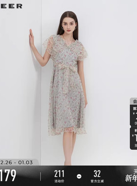 sdeer圣迪奥碎花裙女夏装V领初恋感甜美茶歇连衣裙S223Z122A