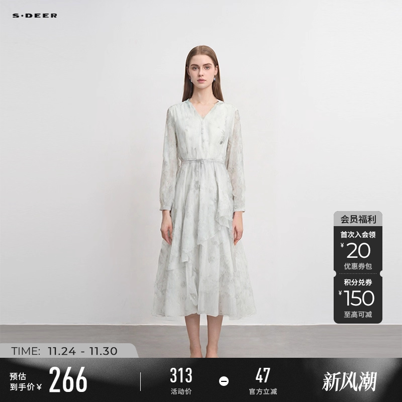 sdeer田园V领印花收腰网纱连衣裙