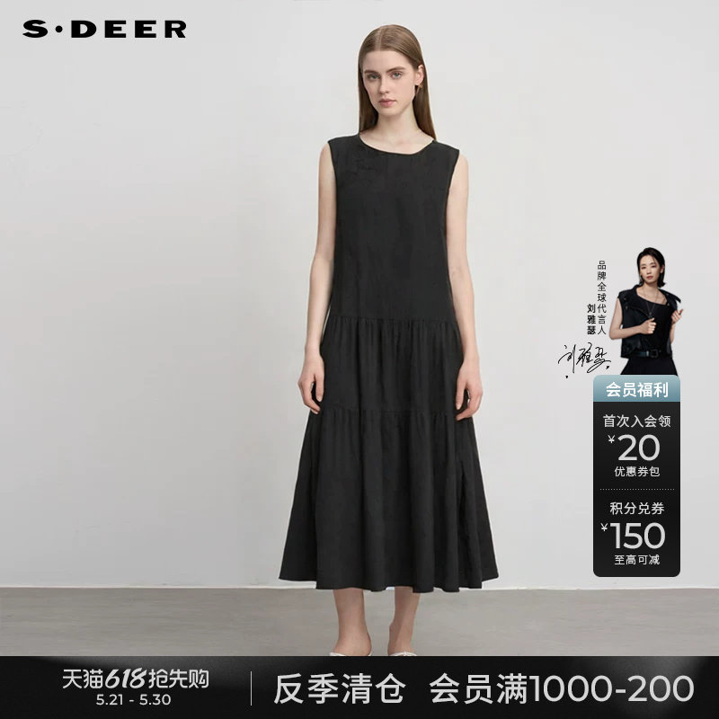 sdeer圣迪奥冬装女装复古圆领盘扣碎褶无袖连衣裙S244Z12