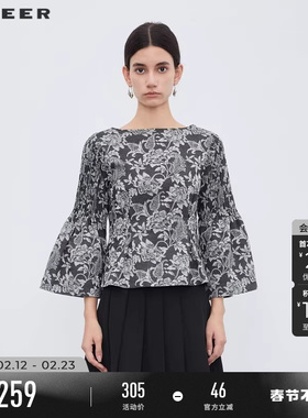 sdeer圣迪奥女装春秋装复古方领印花压褶喇叭袖衬衫S233Z0566