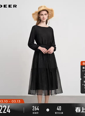 sdeer圣迪奥春秋装女装复古圆领收腰网纱肌理连衣裙S243Z1272