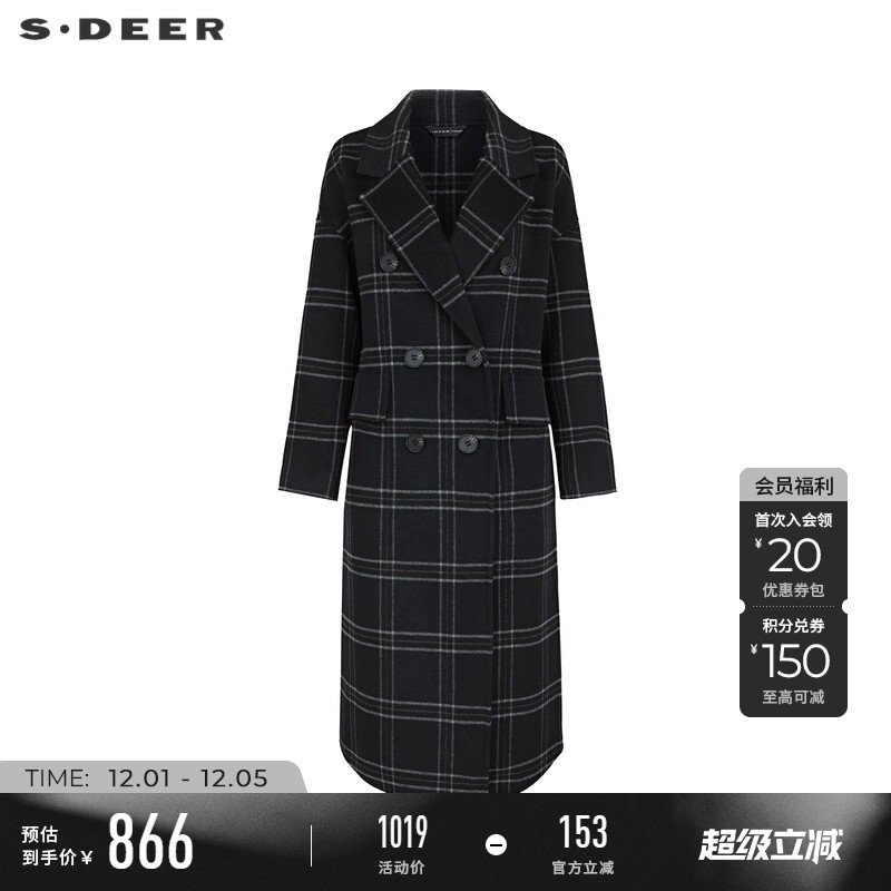 sdeer西装领格纹直筒双面呢大衣
